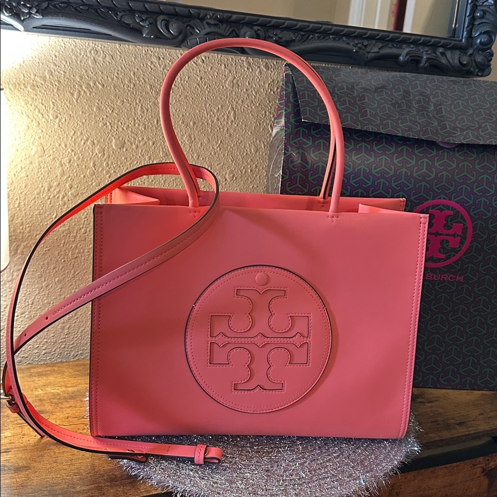 Authentic Tory Burch Ella Bio Small Tote in Coral Pink